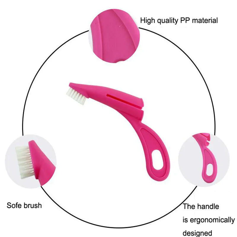 Red and white finger-sleeve toothbrush for pet dental cleaning with soft silicone bristles.