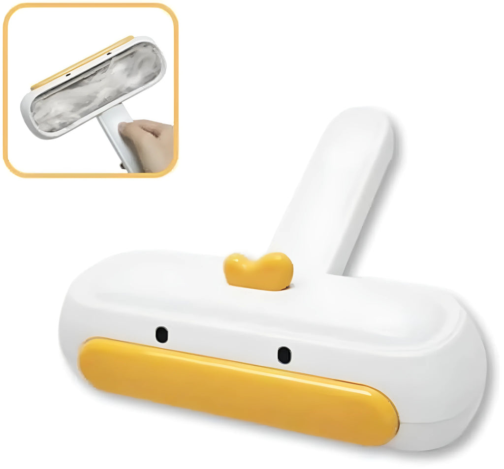 Portable pet hair brush with yellow duck design showing removable lid and polyester bristles