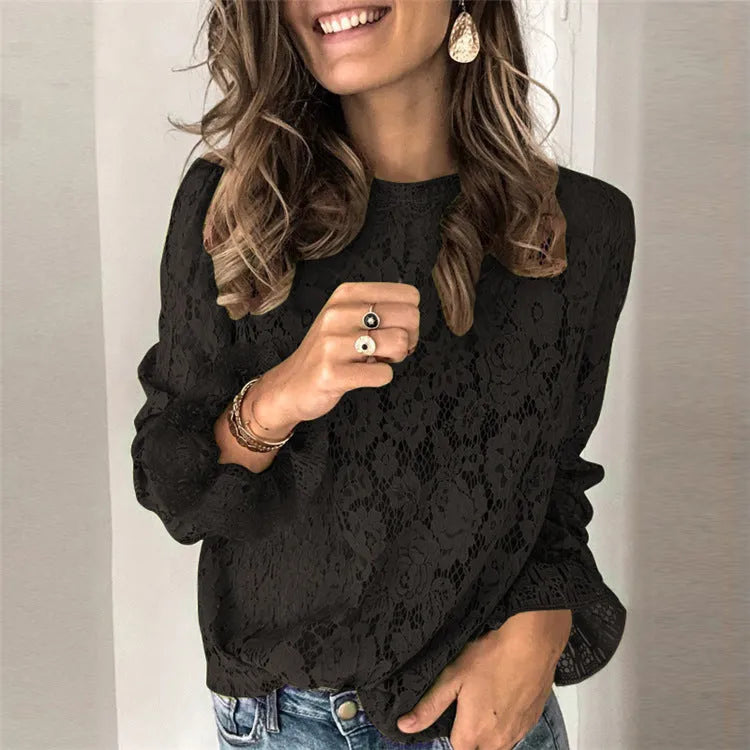 Women's hollow lace shirt with loose fit, long sleeves, and round neck in street style