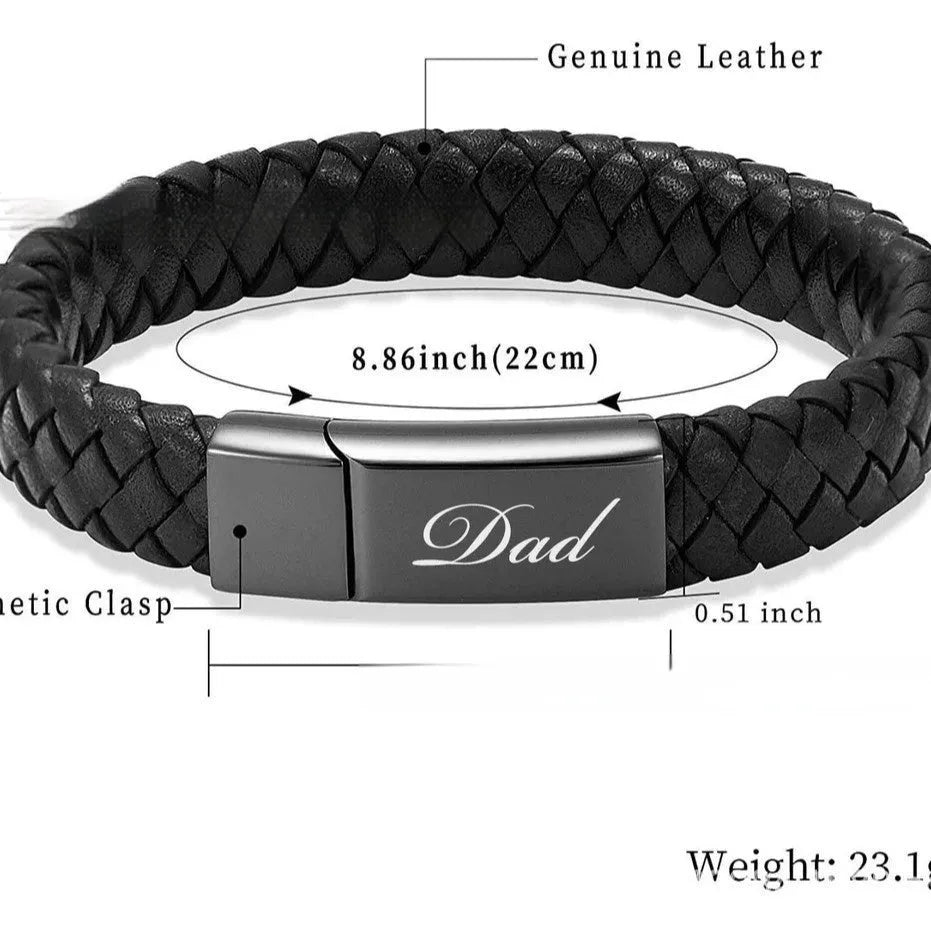 Black leather cord bracelet with woven stainless steel casket pendant.