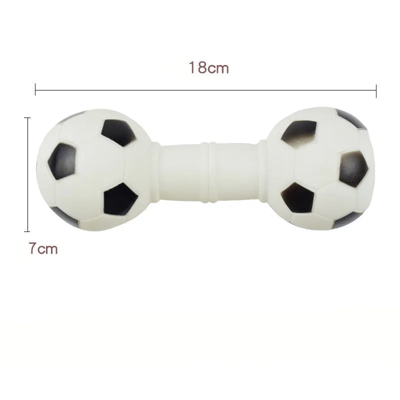 PVC football dumbbell shaped squeaky chew toy for dogs in brown, orange, white, or yellow