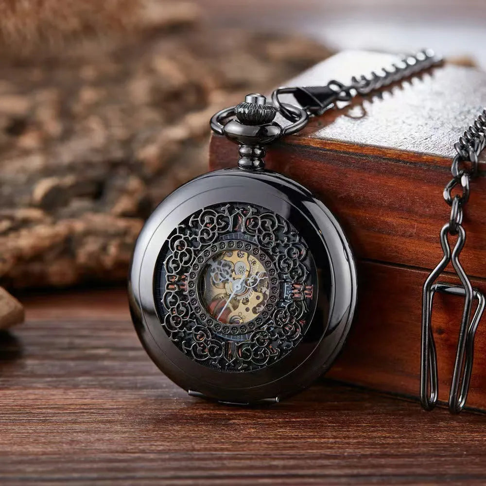 Retro hollow case automatic pocket watch with large floral dial on thick alloy strap
