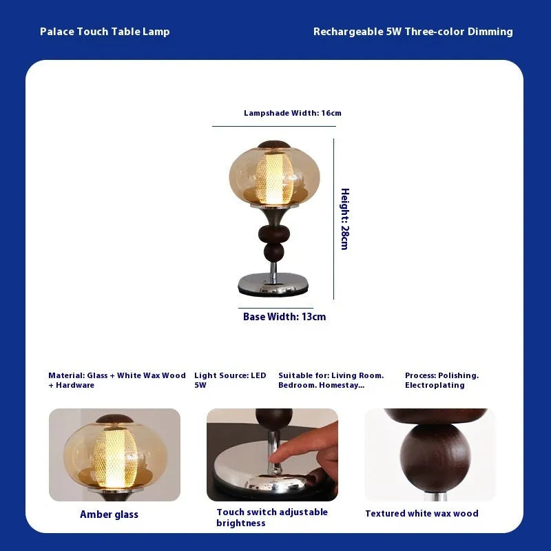 Solid wood retro palace table lamp with USB cable and touch controls on desk.