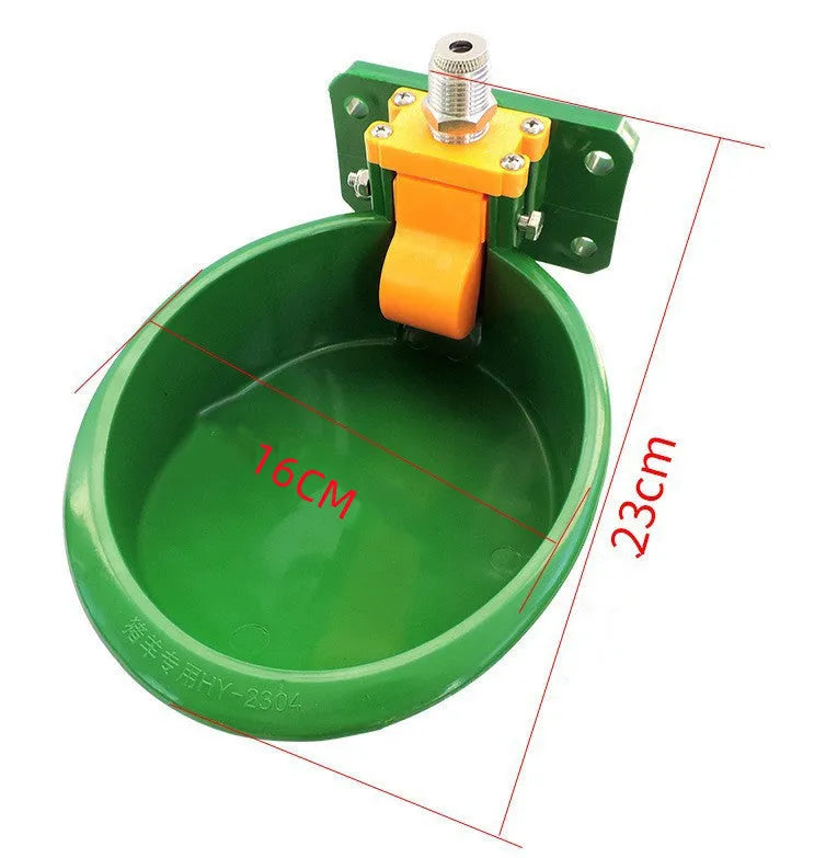 Green plastic livestock drinking bowl with auto water nozzle for farm troughs