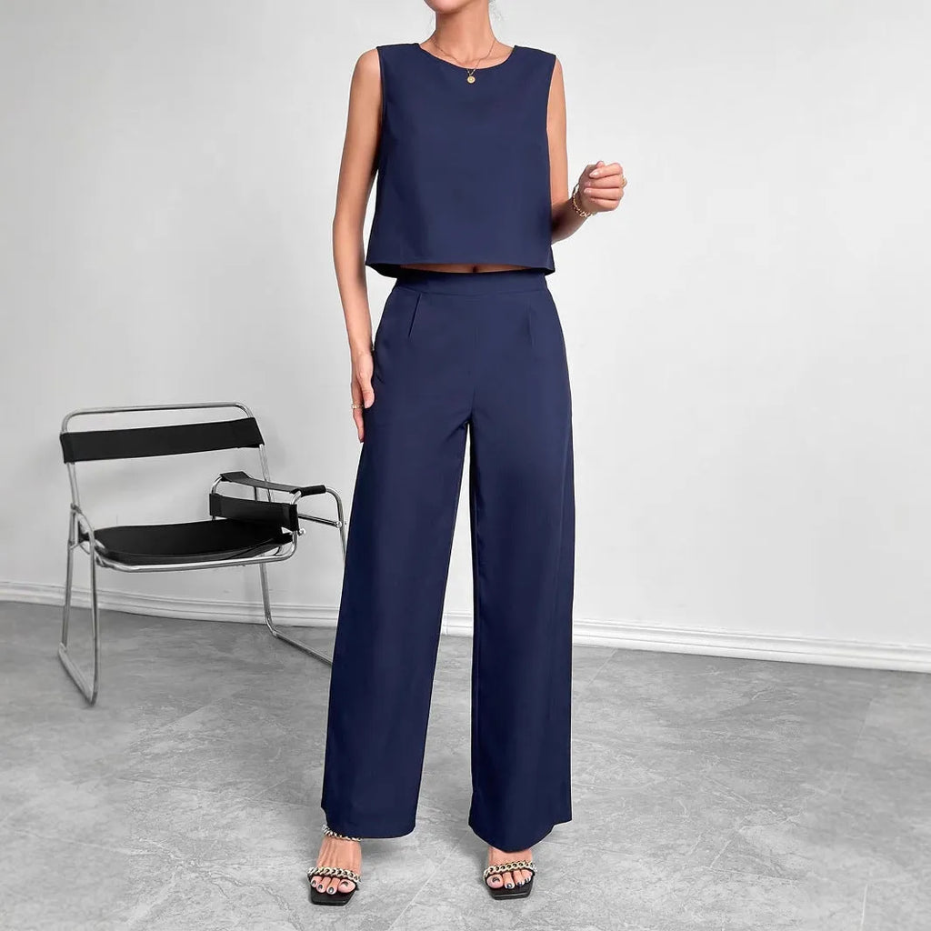 Women's red sleeveless top and wide leg trousers two-piece set on hanger
