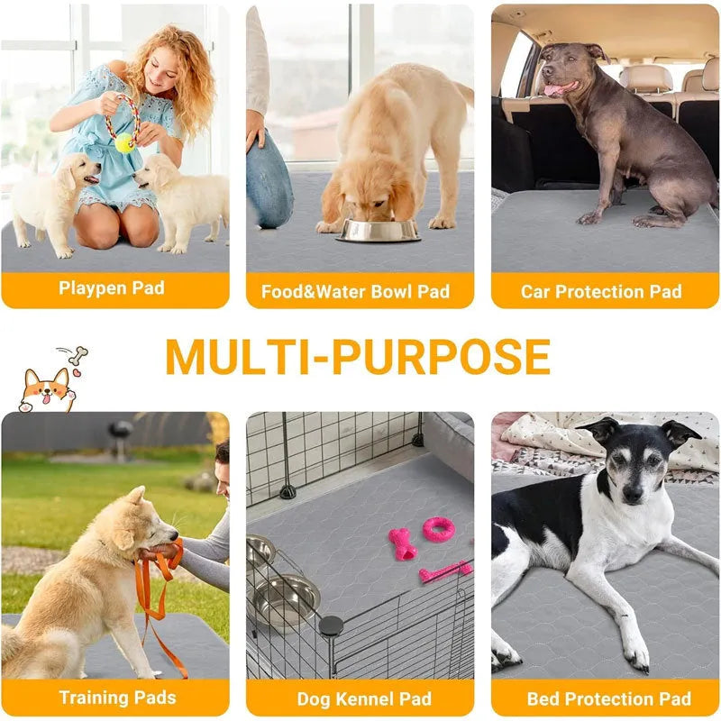 Washable tan and grey reusable dog pee pad on a wooden floor