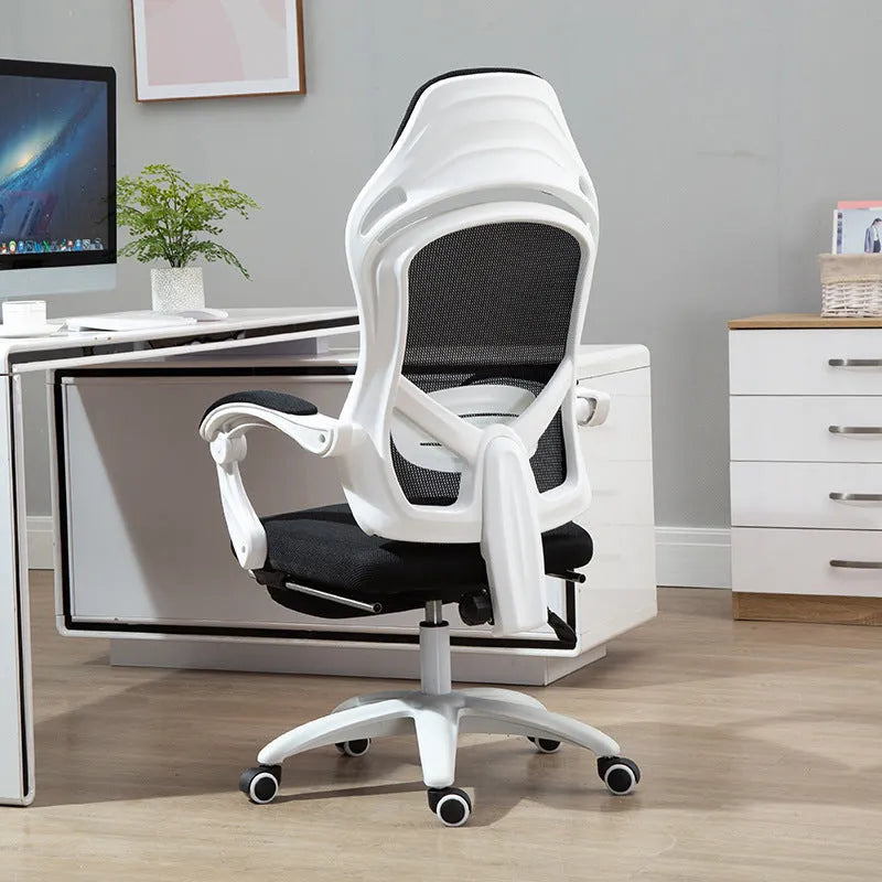 Rotating office chair with high resilience sponge seat, nylon wheels, linkage armrests, available in black or white