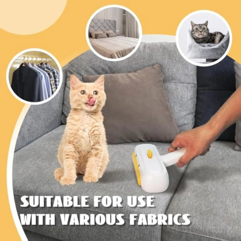 Portable pet hair brush with yellow duck design showing removable lid and polyester bristles
