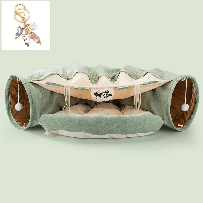 Collapsible cloth cat tunnel in Bar colour, showing dimensions of 45cm by 50cm by 22cm.