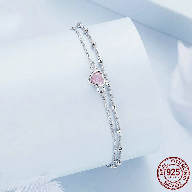 Sweet heart-shaped sterling silver bracelet with adjustable chain