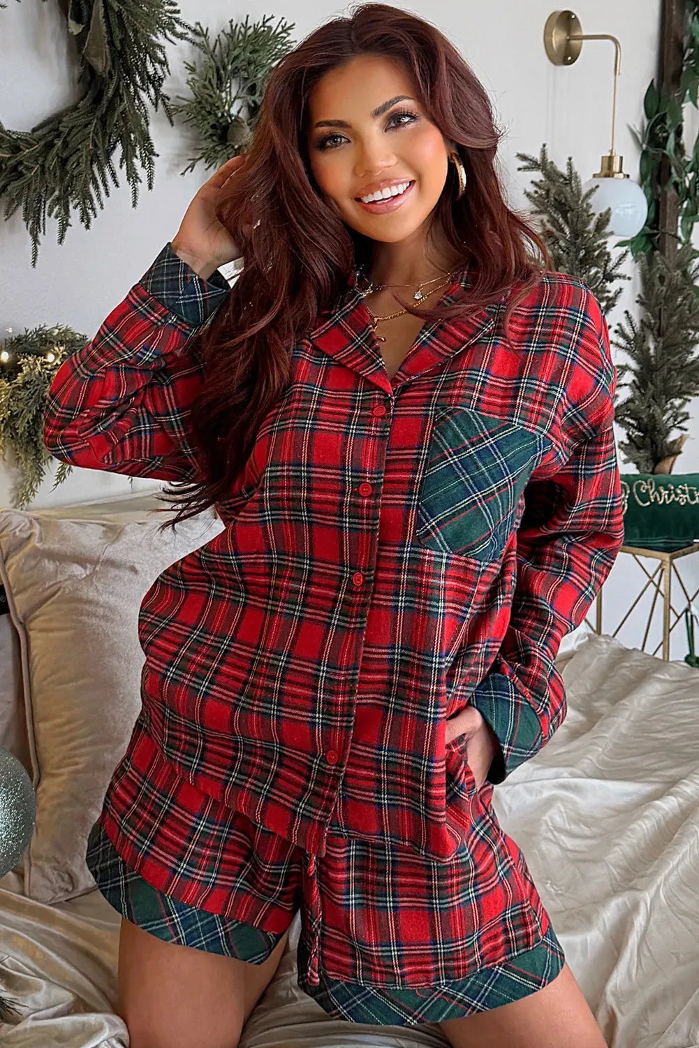 Red plaid Christmas pyjama set with long sleeve shirt and matching shorts