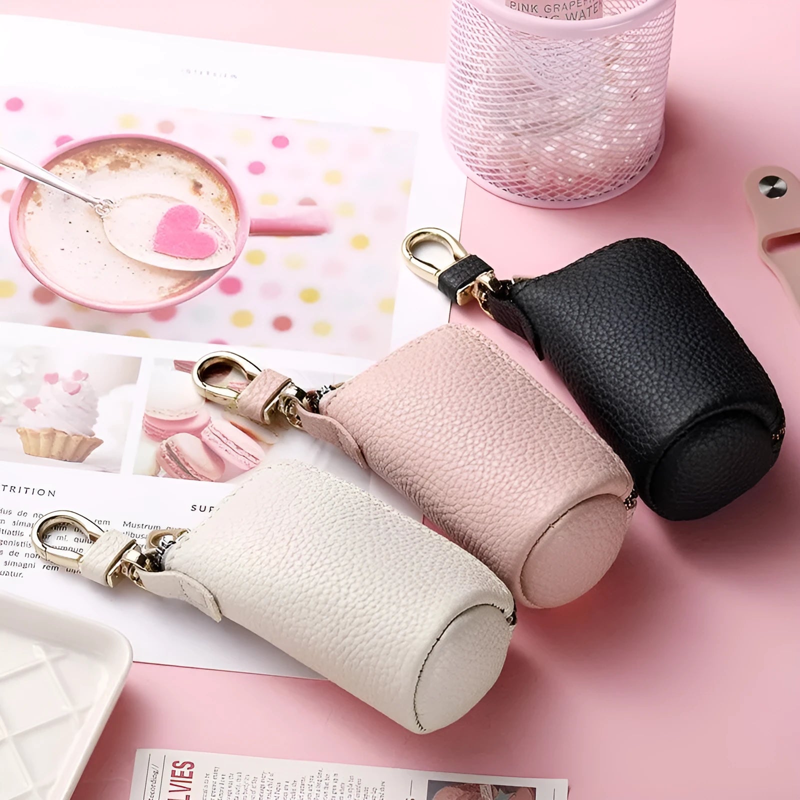Black waterproof PU leather key case with zipper closure for car keys and small essentials