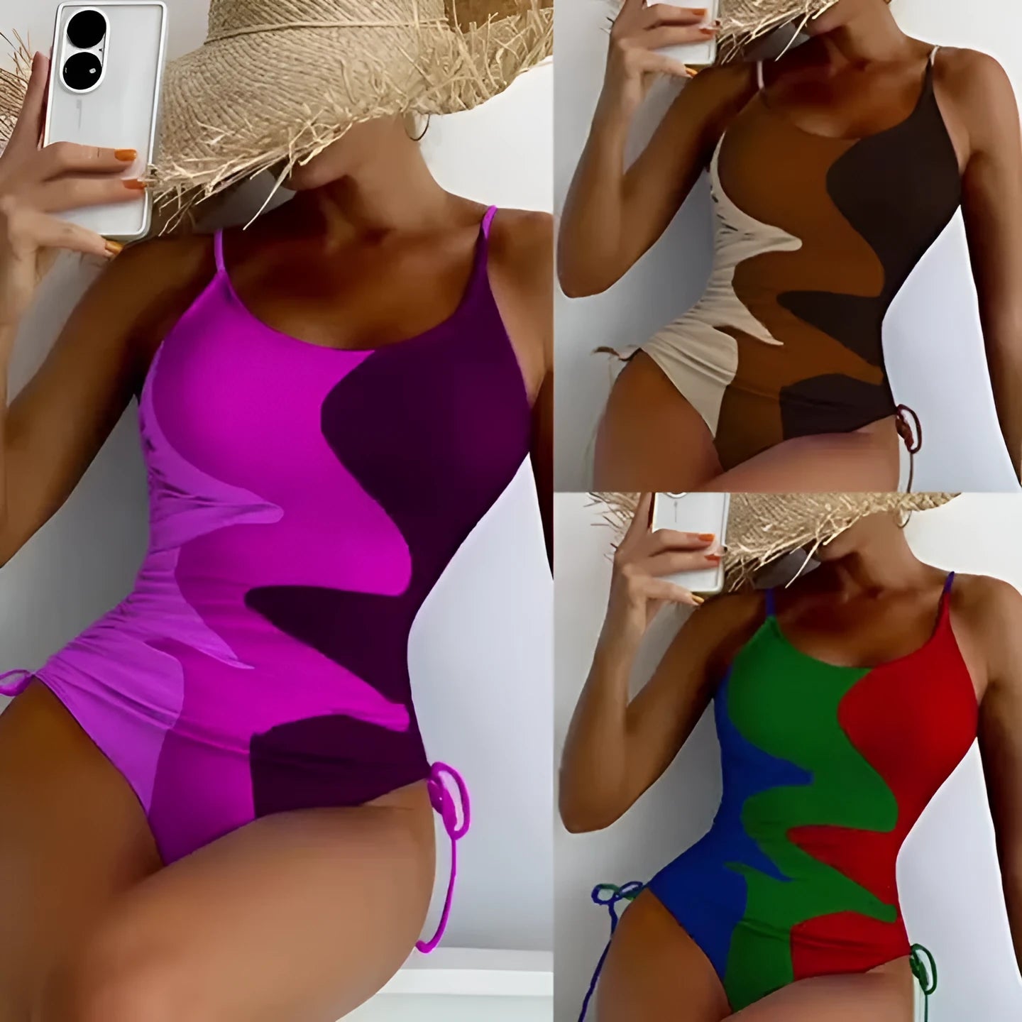 Women's blue sleeveless one-piece swimsuit with a striped pattern on a mannequin.