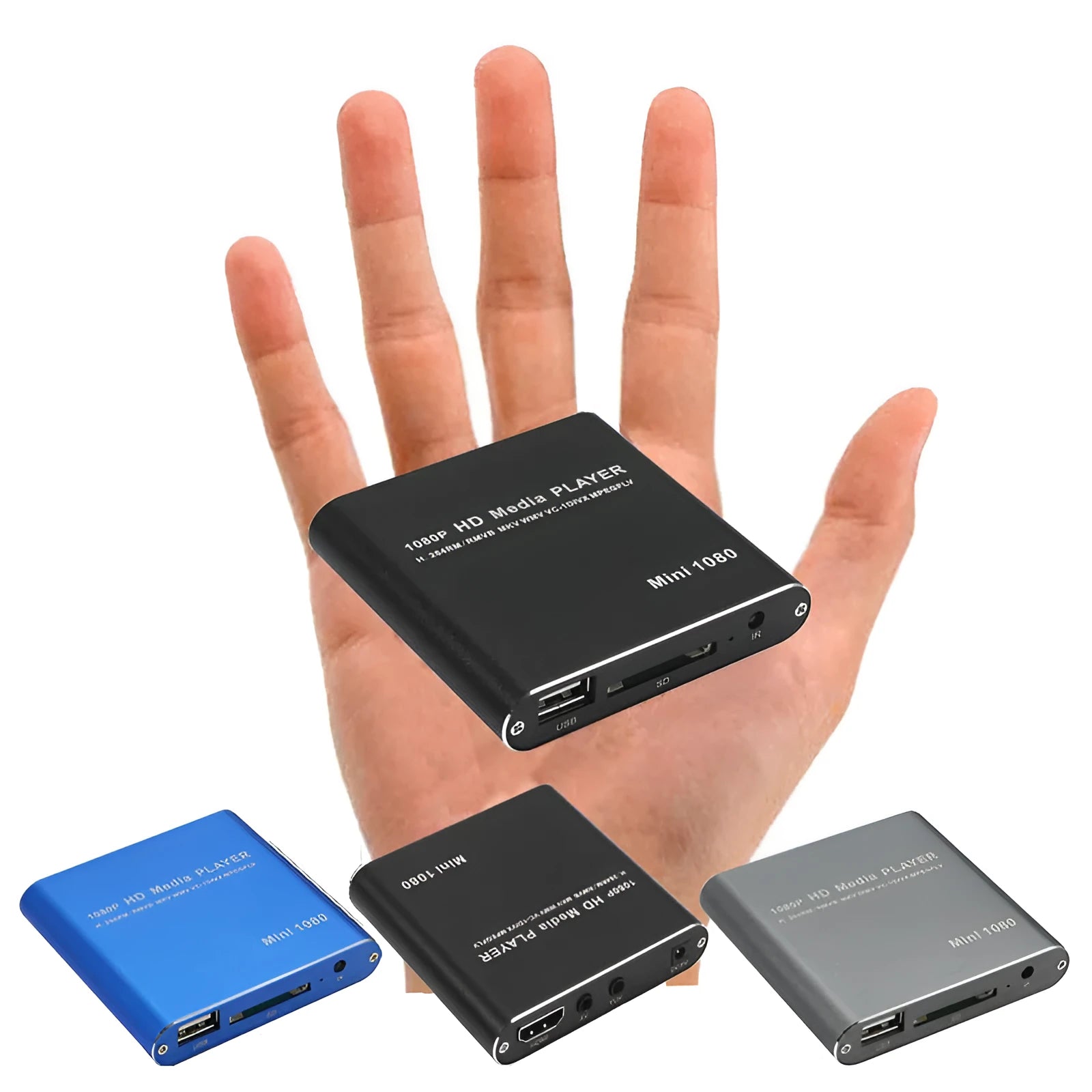 Compact black 1080P media player with HDMI USB SD ports and metal casing