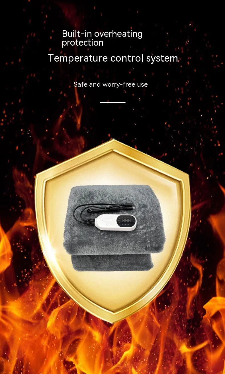 Grey 12V car electric blanket with intelligent temperature control shown with car cigarette lighter plug