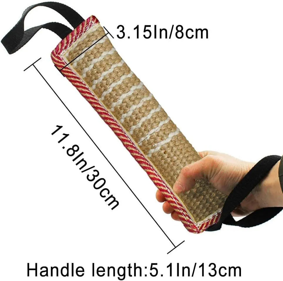 Beige woven jute dog tug toy with two fabric handles on a grey background.