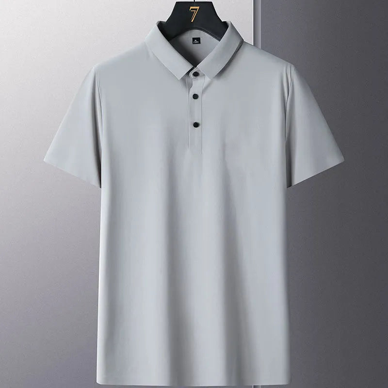 Men's solid colour short sleeve non-ironing business casual shirt on a hanger.