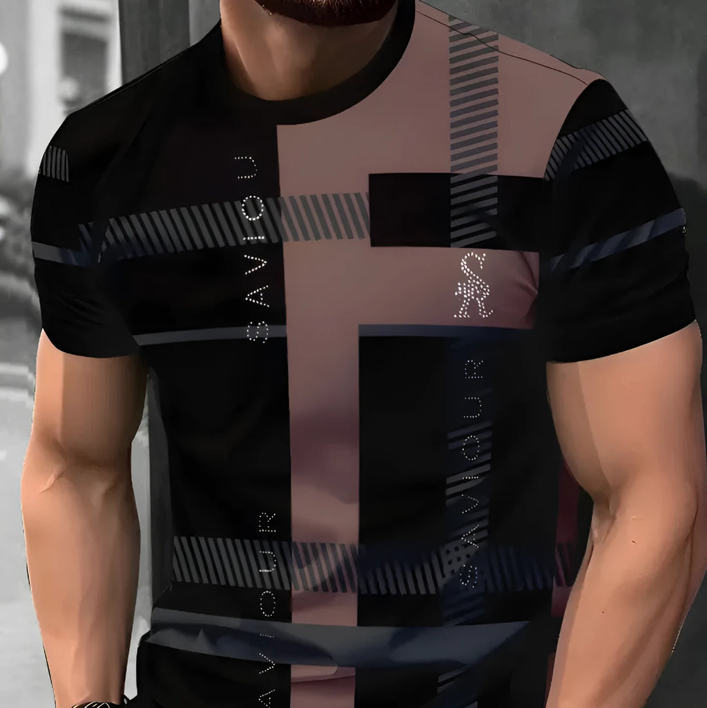 Man wearing a loose-fit short-sleeved T-shirt with a digital 3D striped print.