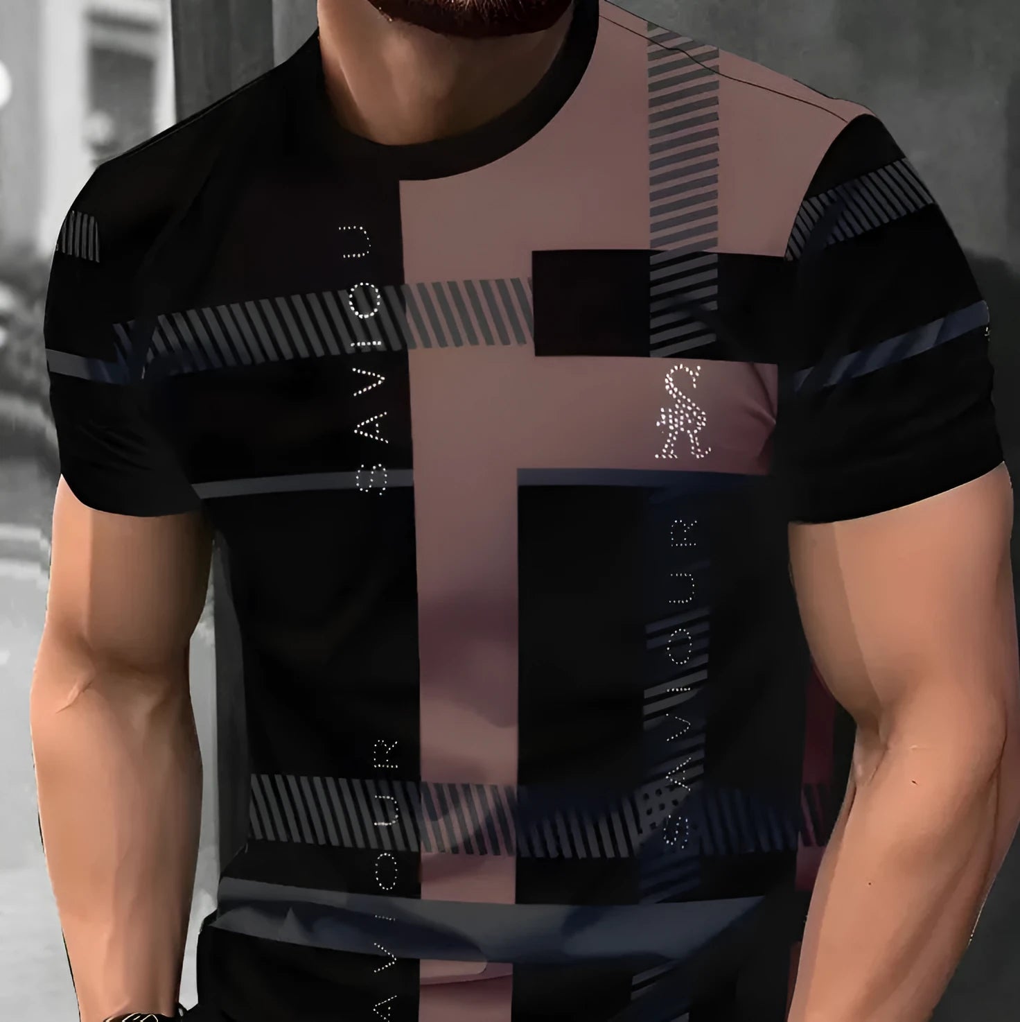 Man wearing a loose-fit short-sleeved T-shirt with a digital 3D striped print.