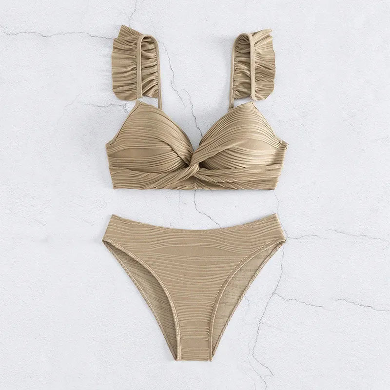 Women's solid colour bikini swimsuit in black or khaki, showing front view of two-piece design.