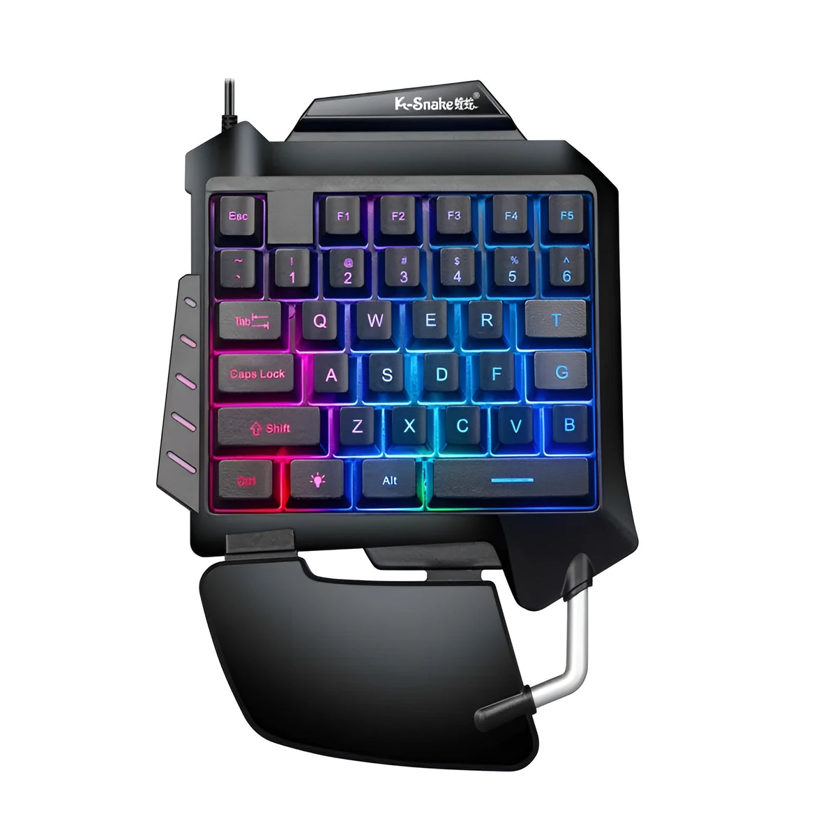 Black one-handed throne converter gaming keyboard with USB cable and integrated palm rest for left-hand desktop gaming