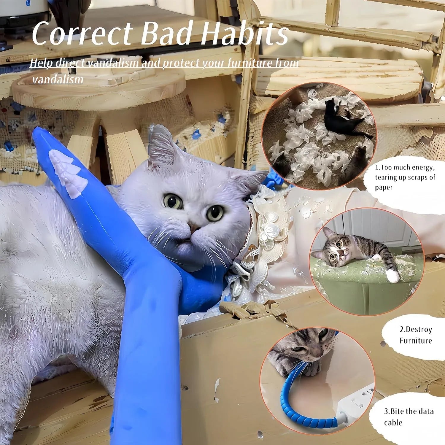 Blue plush cat wand toy with foam-filled head on a 70cm long stick for interactive pet play.