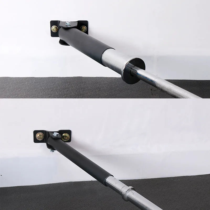 Steel wall-mounted rack holding multiple vertical barbell rods on a garage wall.