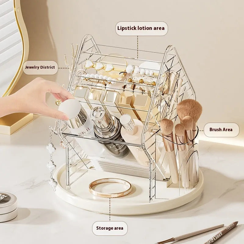 Rotating cosmetics storage box showing 360° rotation mechanism with clear acrylic design