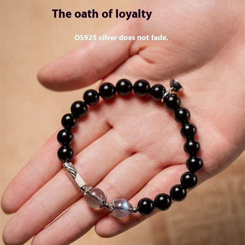 Obsidian Buddha beads couple bracelet DIY set showing 10mm men's and 8mm women's sizes in national style