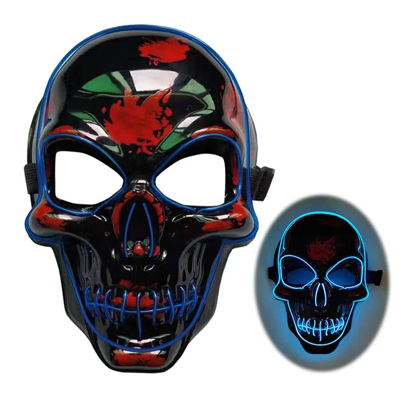 LED skeleton mask in plastic, 23 x 18cm, with four light modes and ten colour options for Halloween and parties