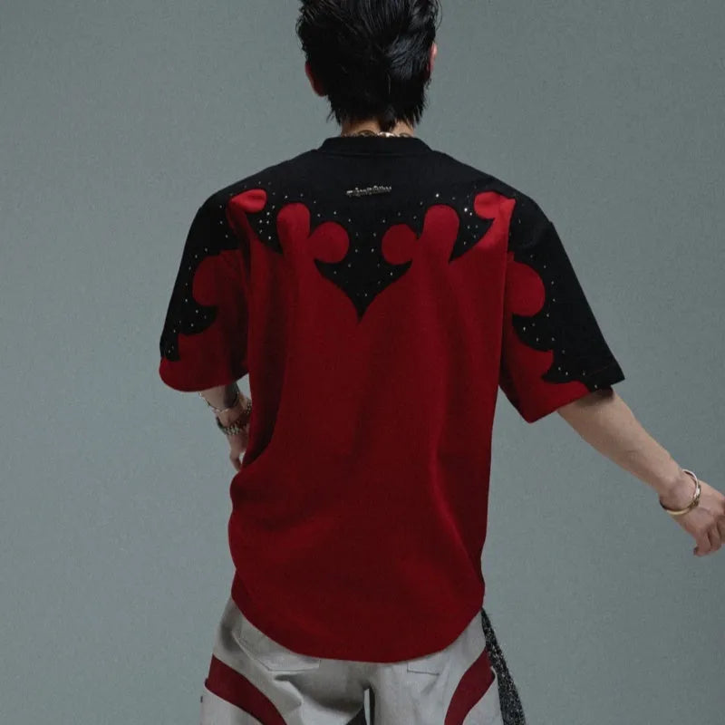 Men's cotton short sleeve shirt with three-dimensional burnt flower stitching and round neck