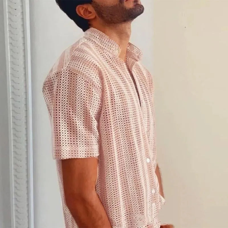 Pink men's loose short-sleeved cardigan shirt with waffle weave texture and holes