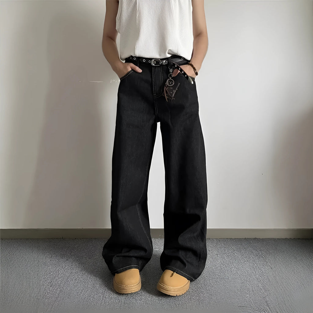 Retro black wide-leg jeans with straight-leg styling and zip fly opening