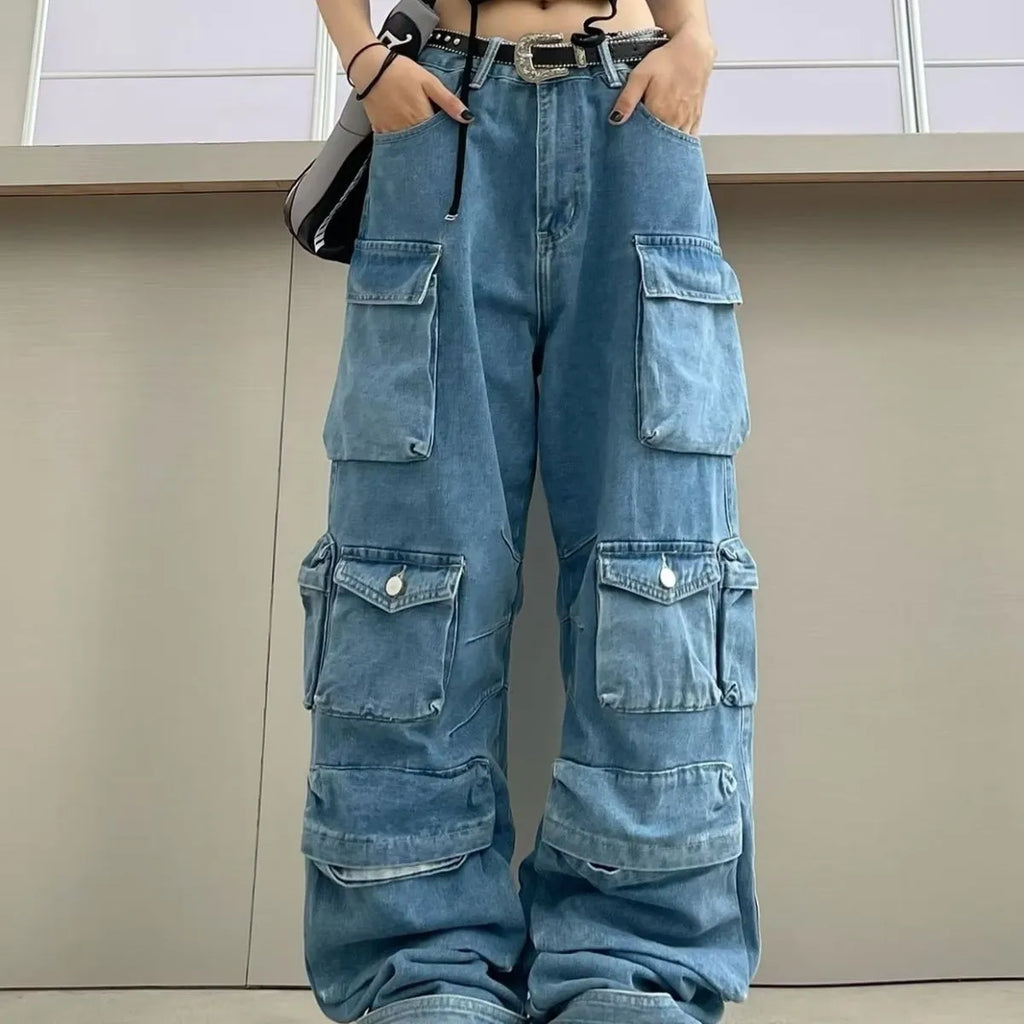 Women's high waist wide leg denim trousers with multiple pockets in street hipster style
