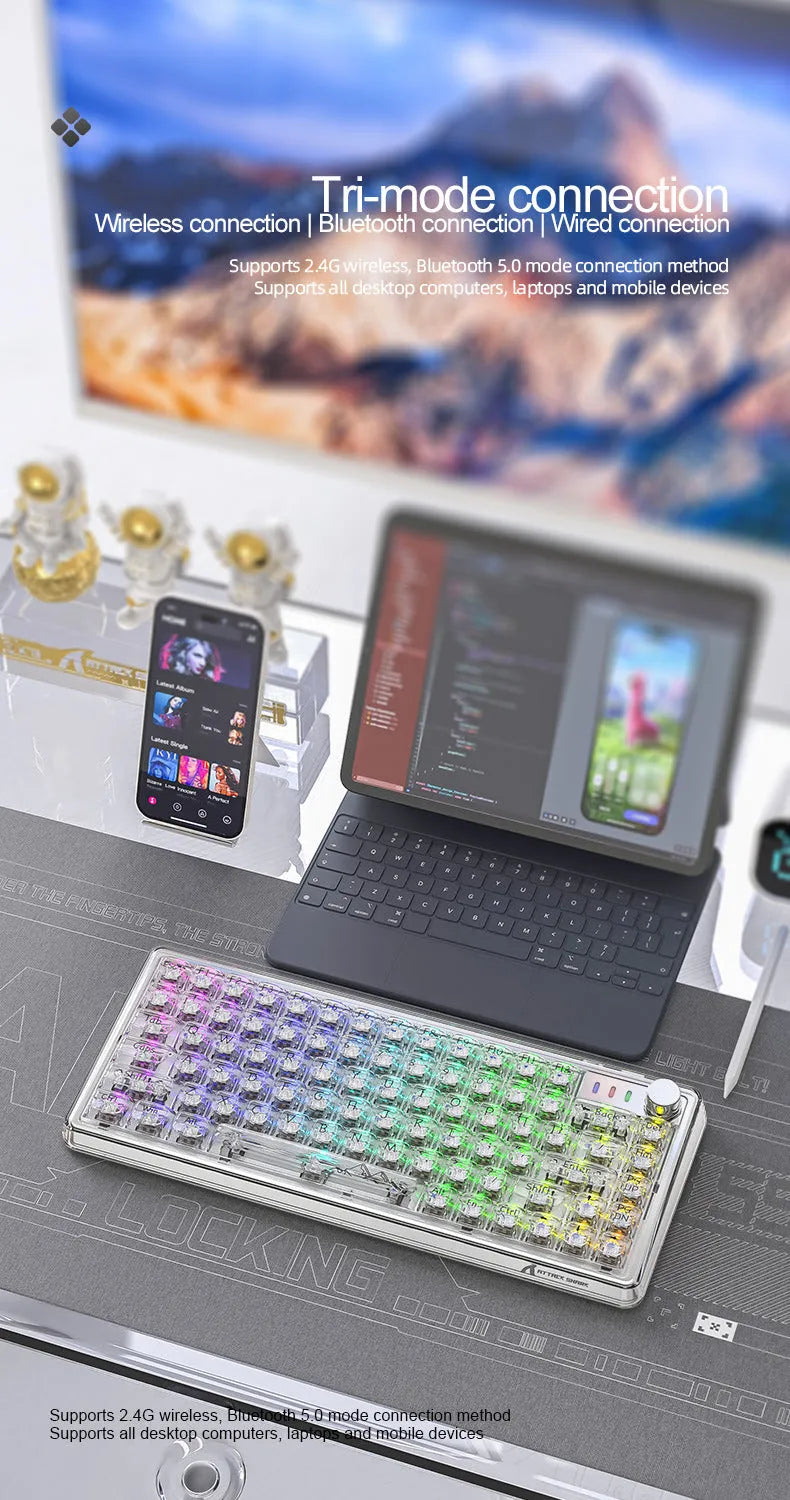 Attack Shark K75RGB white transparent wireless mechanical keyboard with RGB lighting on a desk.