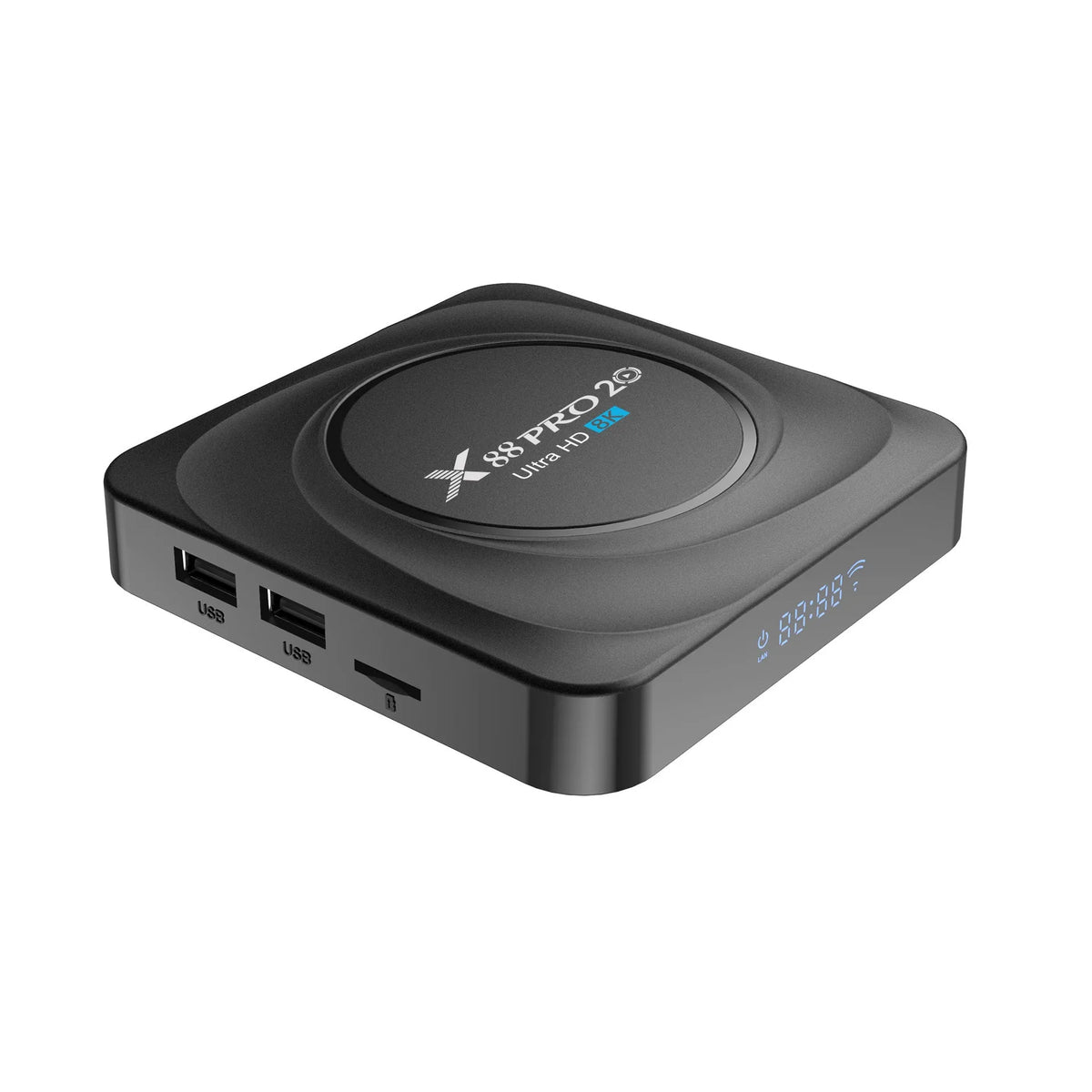 Compact black Android 11 TV box with HDMI port, remote control, and power supply on a wooden surface.
