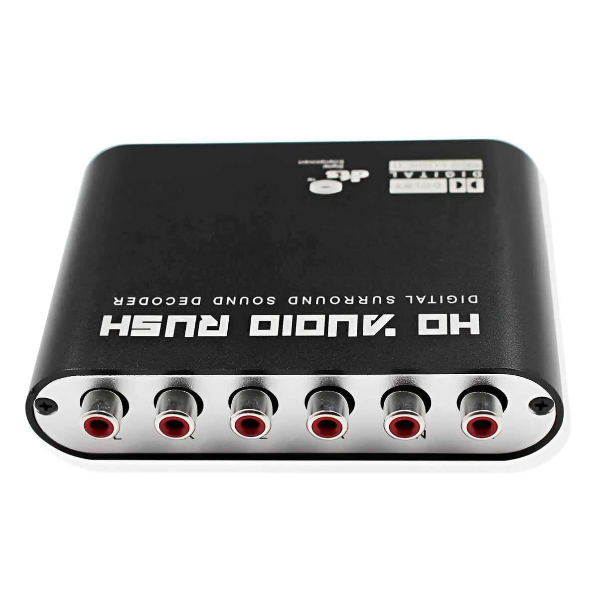 Black DTS Dolby Digital audio decoder with optical, coaxial, and stereo inputs