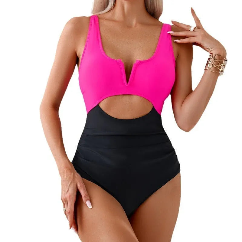 Women's nylon one-piece swimsuit in green, black, dark pink, or brown colour options, sizes S M L XL