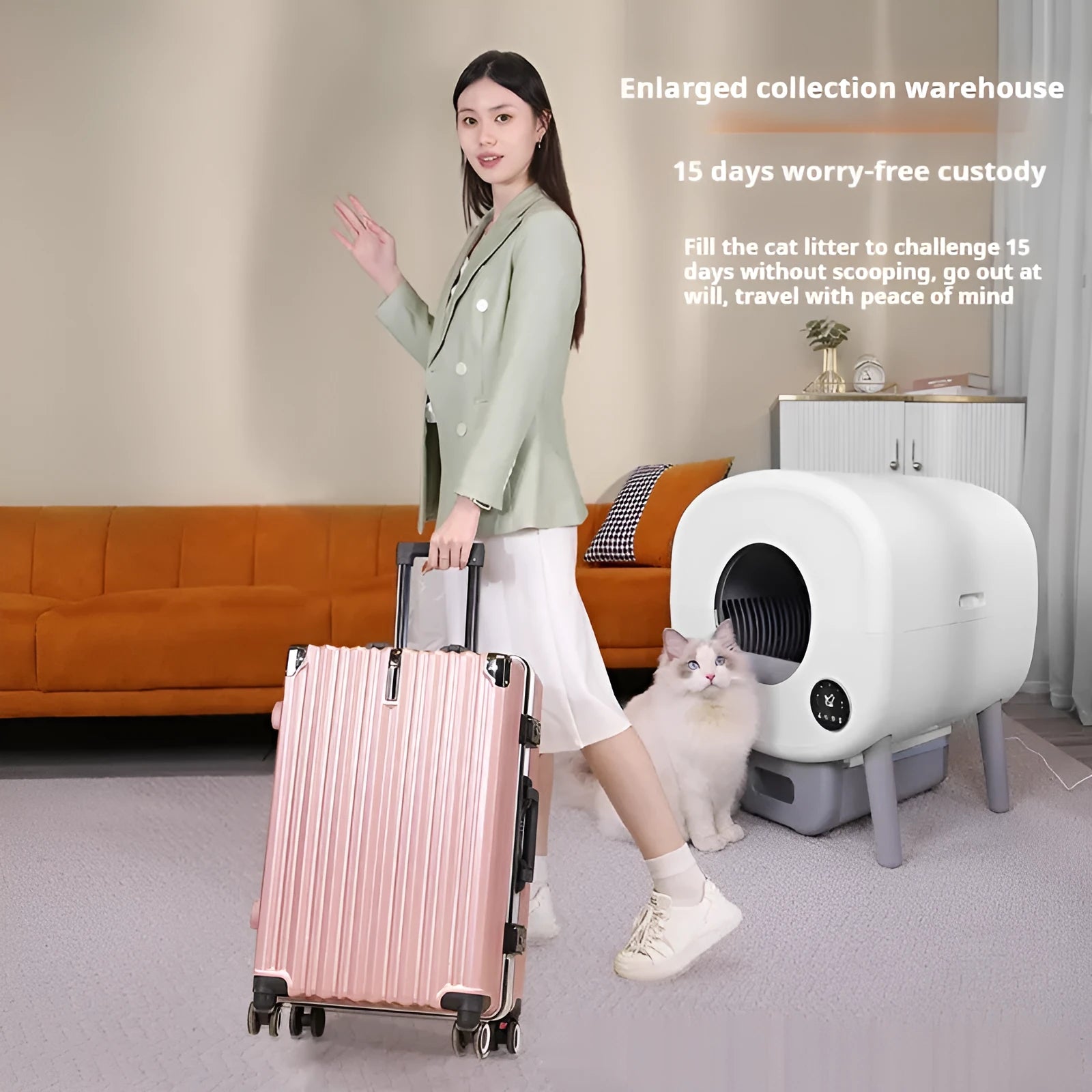 Automatic self-cleaning cat litter box with waste storage compartment and cleaning brush