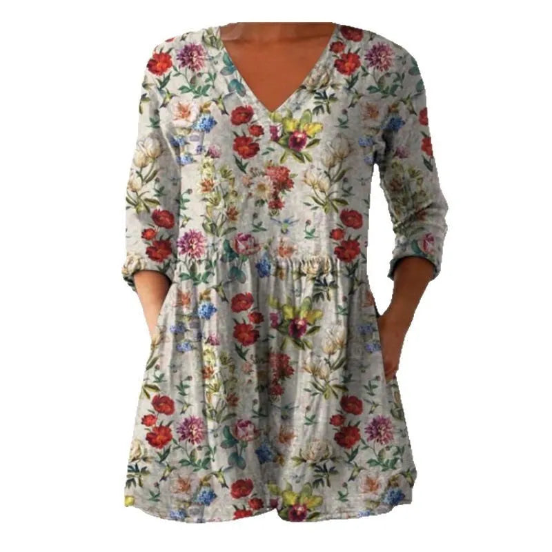 Women's printed loose dress with wave pattern, 3/4 sleeves, and wide waist design