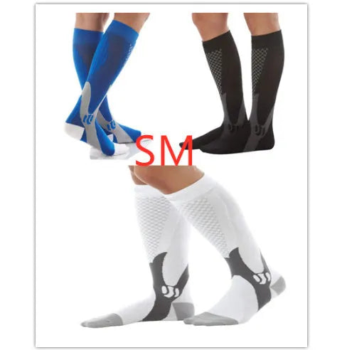 Graduated compression socks for men and women in black, blue, orange, pink, and white colour options