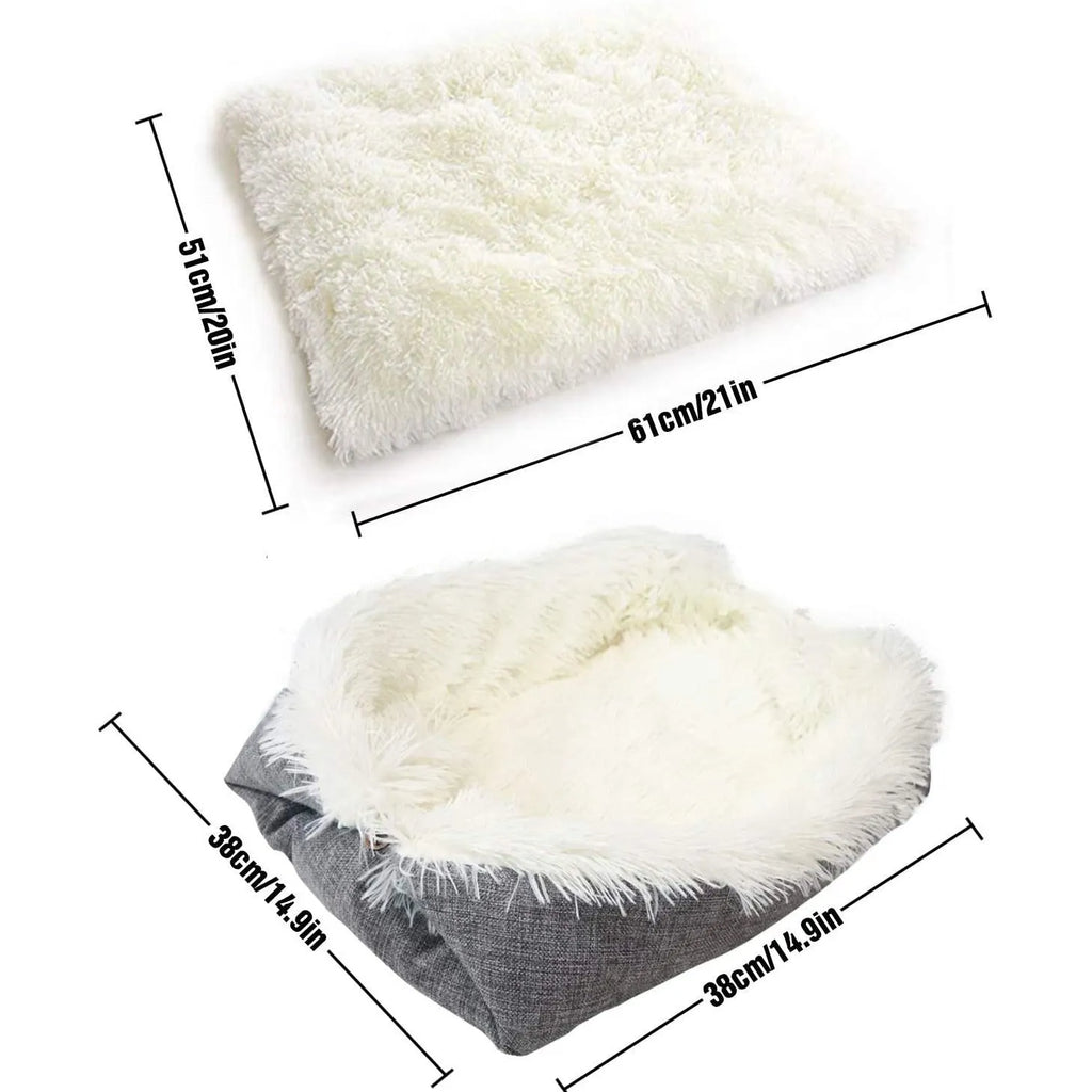 Grey pet plush sleeping pad measuring 61cm by 51cm with a black non-slip bottom.