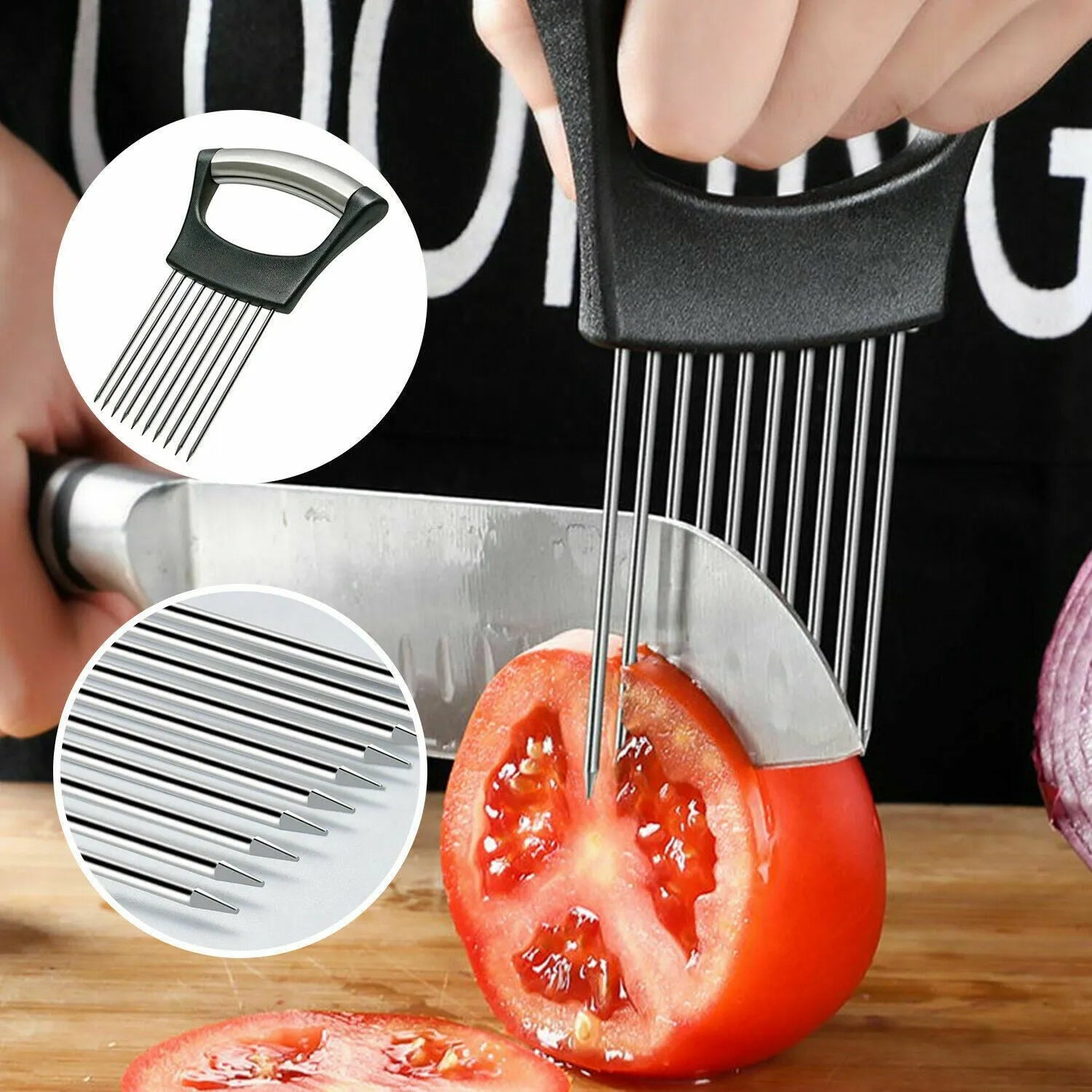 Stainless steel onion slicer tool with needles on a white ABS base.