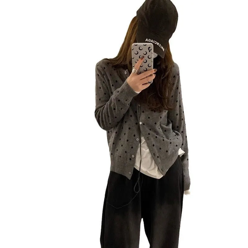 Women's Korean-style gray dot knitted cardigan with crocheted flower detail in black or gray colour