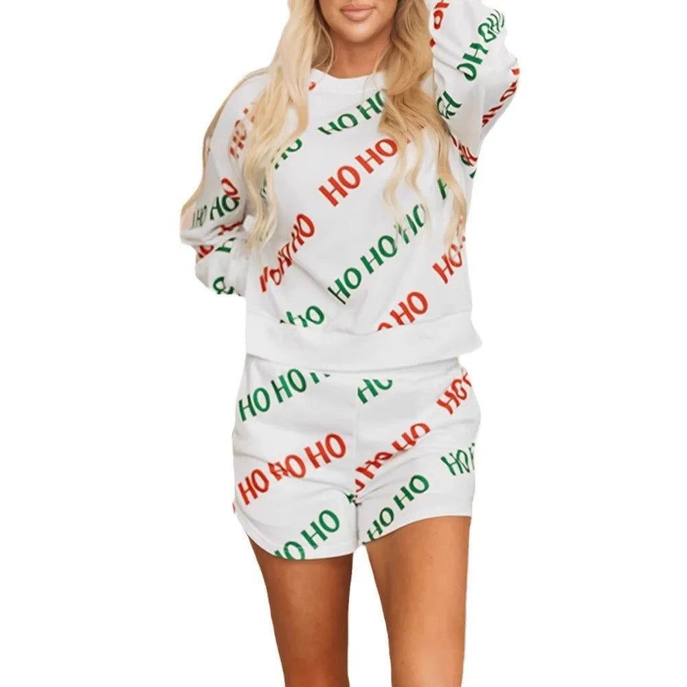 Women's white two-piece street fashion suit with printed letters design and fifth-length trousers