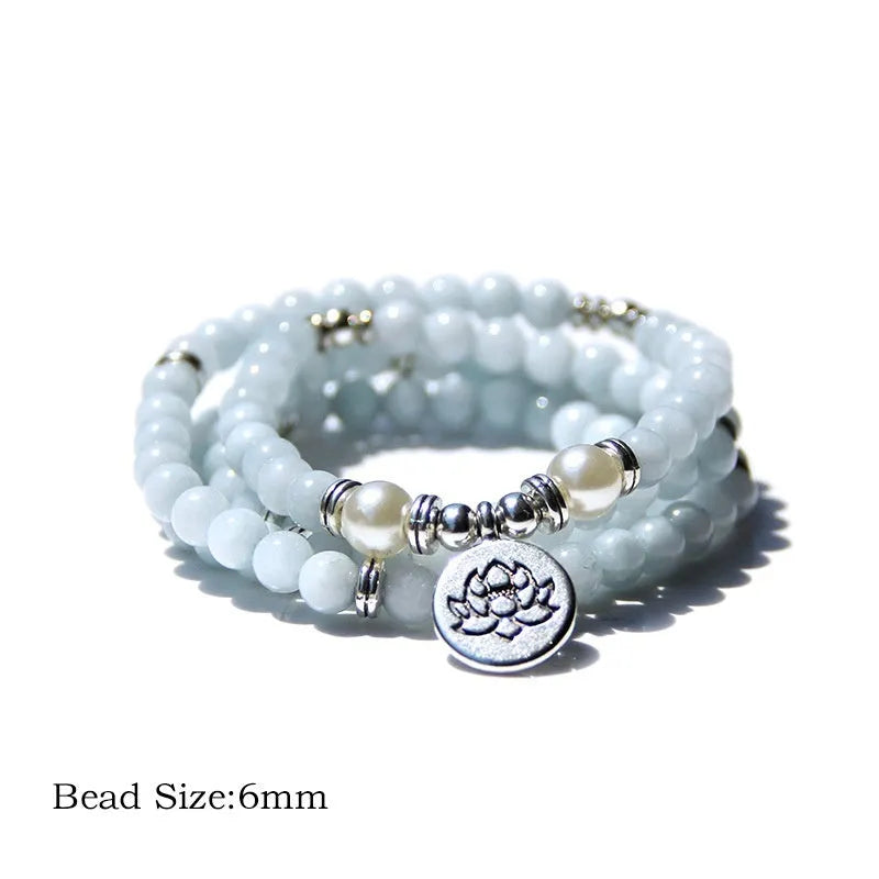 Natural stone women's bracelet with angel echeveria and lotus charm on wrist