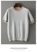 Men's grey pure wool short sleeve round neck pullover sweater laid flat.