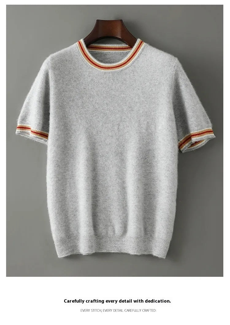Men's grey pure wool short sleeve round neck pullover sweater laid flat.