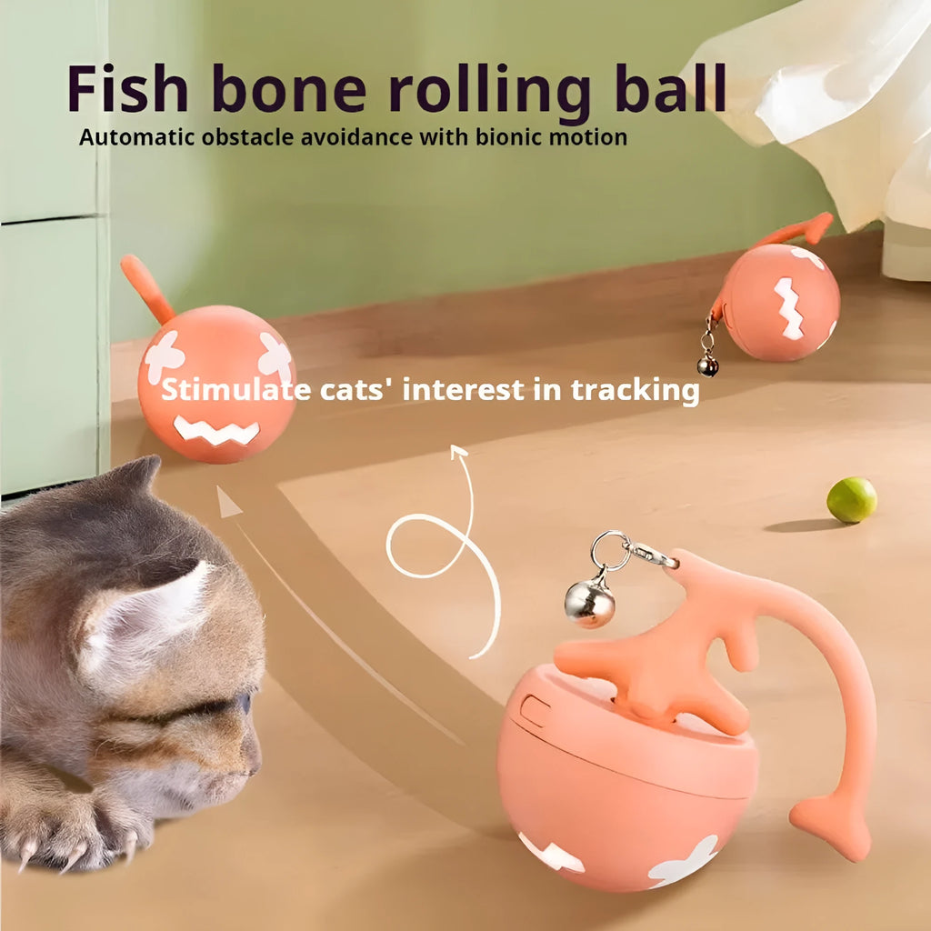Blue USB electric cat teasing ball with fish bone pattern rolling on wooden floor