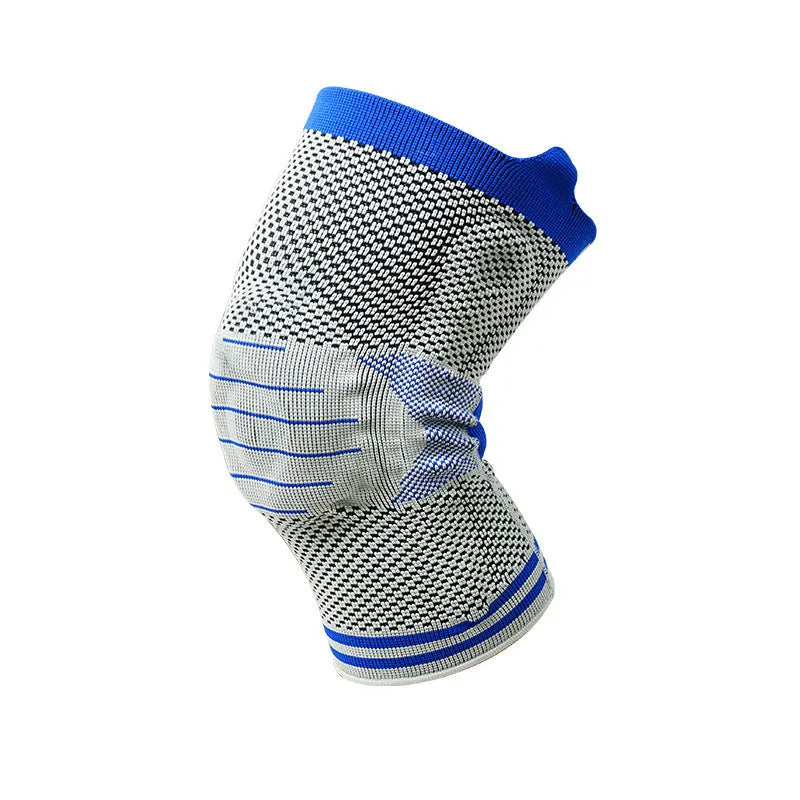 A cotton knee pad with a visible silicone massage spring bar shock absorber, shown in a grey and blue colour combination.